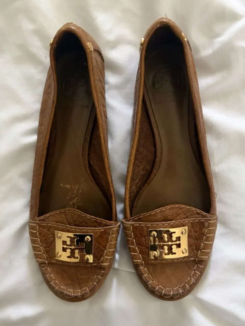 TORY BURCH Tan Carmel Textured Leather Driver Mocs Flats Size 7.5 Slip On